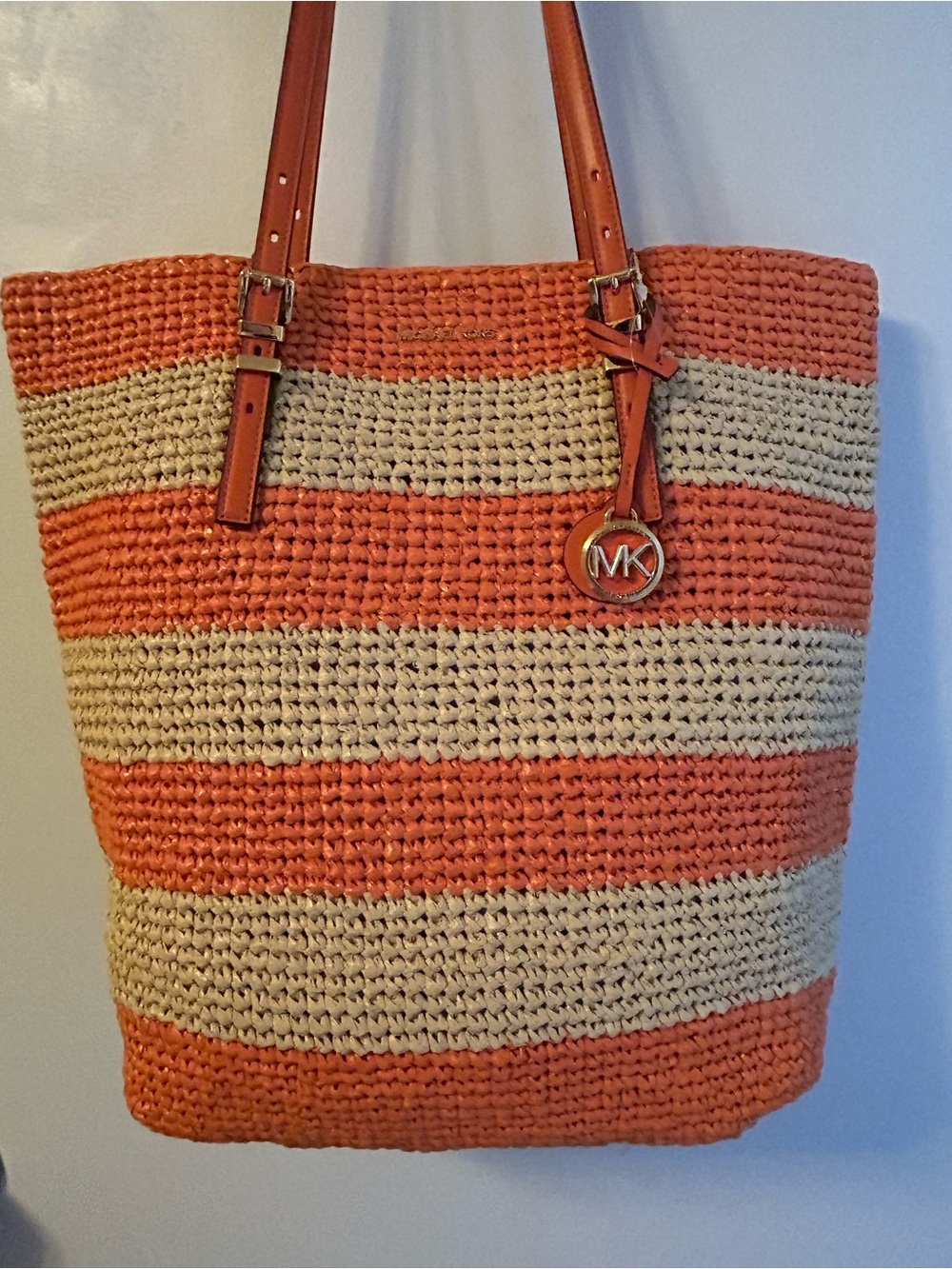 Michael Kors Orange and Cream Striped Woven Tote